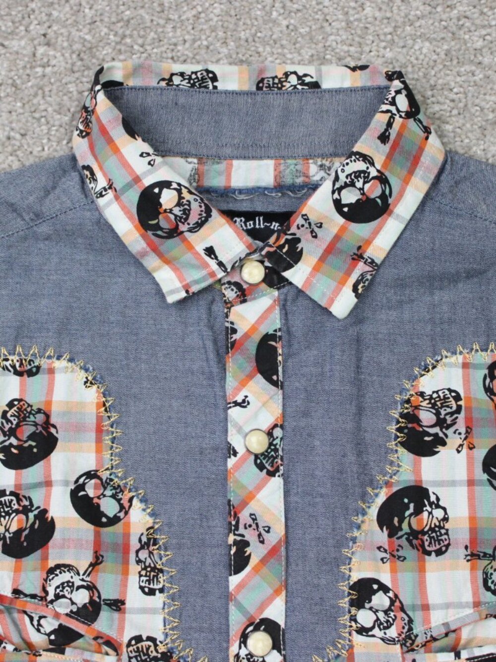 Rock Roll-n-Soul AOP Shirt Mens Small Orange Skull All Over Print Pearl Snap L/S - Picture 3 of 12
